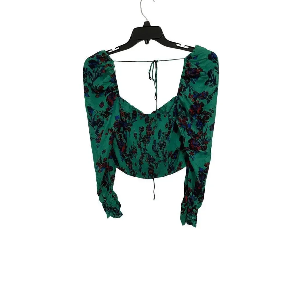 NWT Free People Crop Top Size Small Floral Blouse Puff Sleeve $98 Tie Back Green